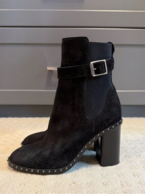 Rag & Bone Romi Black Studded Suede Ankle Boots with Buckle, Size 36.5